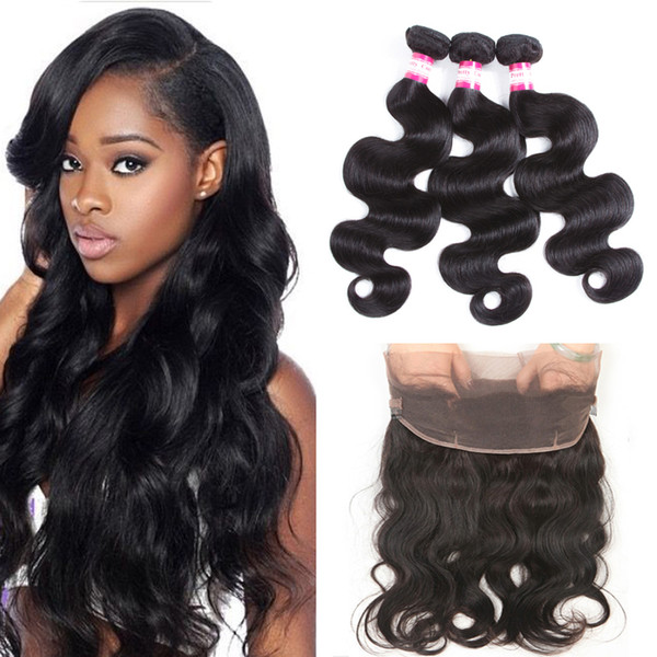 Malaysian Virgin Human Hair Weaves Body Wave 3 Bundles With 360 Full Lace Frontal Closure 8A Peruvian Indian Malaysian Remy Hair Extensions