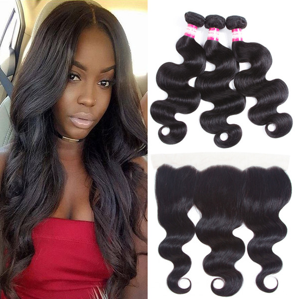 8A Brazilian malaysian virgin hair weaves body wave with lace frontal 13x4 lace frontal with bundles pre plucked 3 bundles with closure