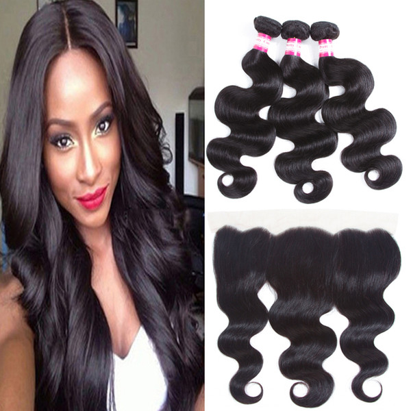 8A Brazilian Human Hair Body Wave Bundles With 13X4 Lace Frontal Unprocessed Brazilian Virgin Hair 3 Bundles With Ear To Ear Lace Frontal