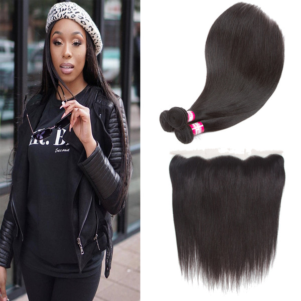 Pre Plucked 13x4 Frontal Closure with Human Hair Weaves Brazilian Virgin Hair Straight 3 Bundles and Lace Front Closure with Baby Hair