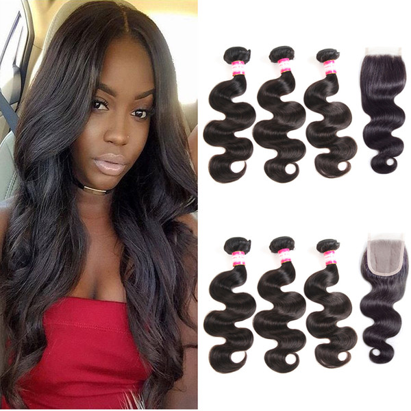 8a brazilian peruvian malaysian indian body wave bundles with closure 4x4 human hair bundles with closure No shedding No tangle very soft