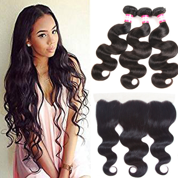 8A Malaysian human hair wefts with closure Body Wave and Frontals Ear to Ear 13x4 Lace Frontal Closure with Malaysian 3 Bundles Body Wave