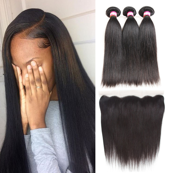 Brazillian Straight Hair Weaves With Lace Frontal Closure Free Middle 3 Part 13x4 Lace Frontal With Virgin Human Hair Bundles 4Pcs Lot