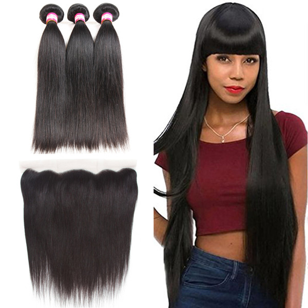 Brazilian Straight Virgin Hair Weaves 3 Bundles With Lace Frontal Closure Brazilian Human Hair Ear to Ear Lace Frontal Closures Free Part