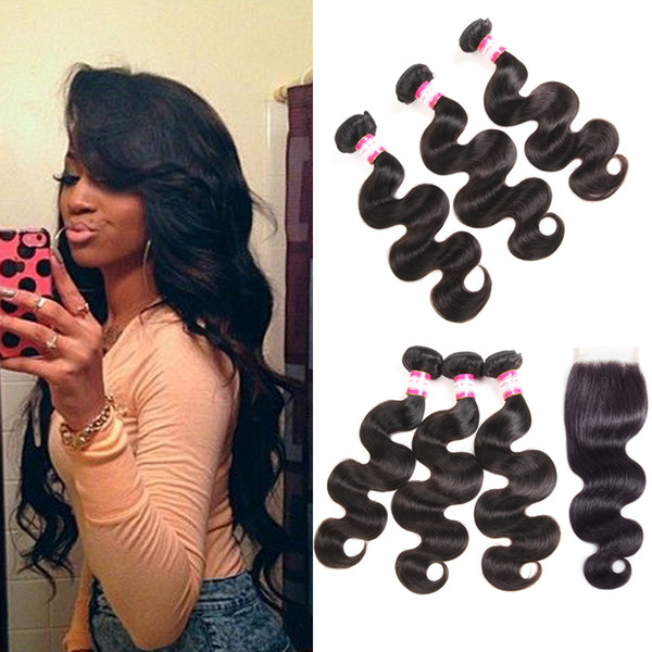 8A Brazilian Virgin Hair Body with closure Extensions 3 Bundles Brazilian Body Wave With 4x4 Lace Closure Unprocessed Remy Human Hair Weave