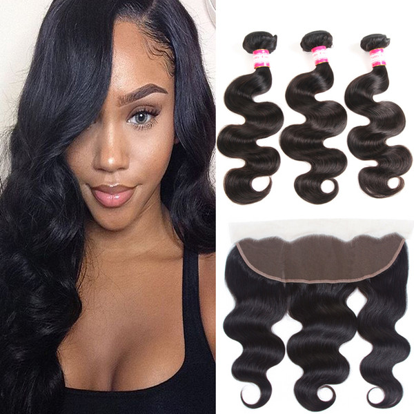 8A Unprocessed Brazilian Body Wave Human Hair Lace Frontal with 3 Bundles Brazilian Virgin Hair Body Wave 3Pcs and Lace Frontal Closure