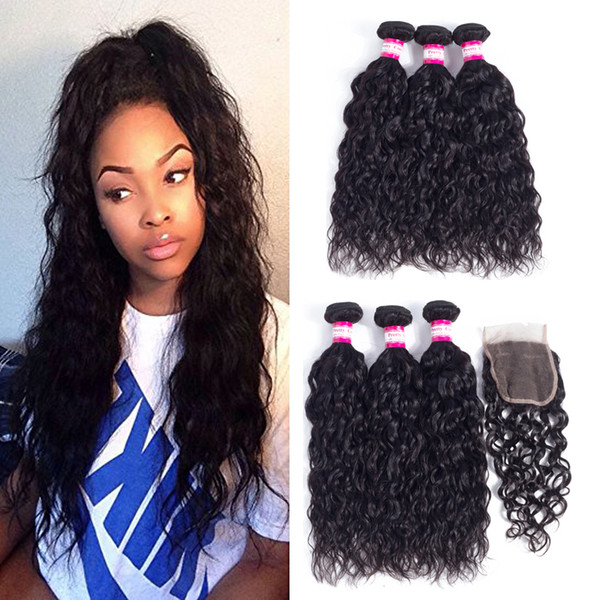 Brazilian Water Wave With Closure Unprocessed Virgin Hair With Closure Wet And Wavy Virgin Brazilian Hair With Closure 3 Bundle