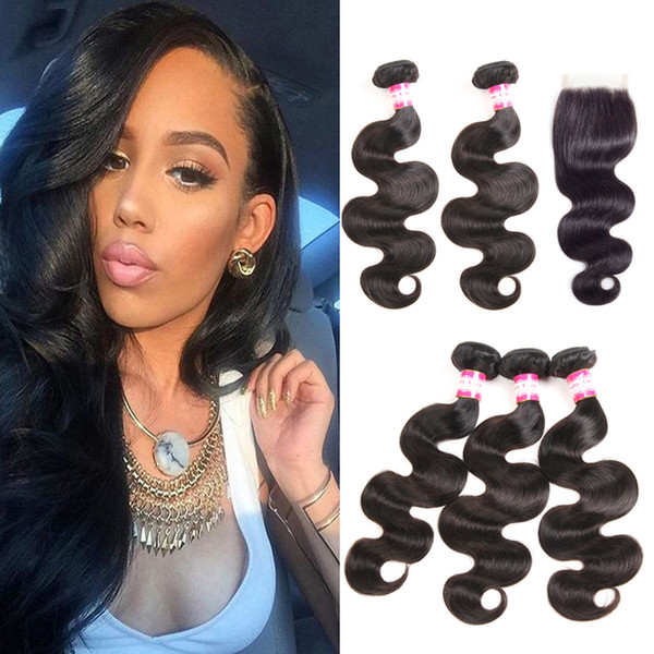 Malaysian Body wave Human Hair 3Bundles With Lace Closure 8A Brazilian Virgin Hair With Lace Closure 4x4 Malaysian lace closure with Bundles