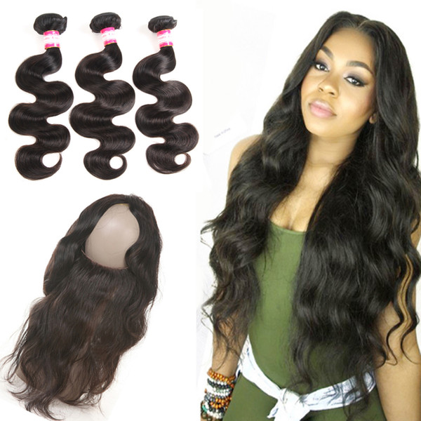 8A Indian Hair 360 Full Lace Frontal with Baby Hair and 3 Bundles Body Wave Hair Weaves Grace Pre Plucked 360 Frontal Closure