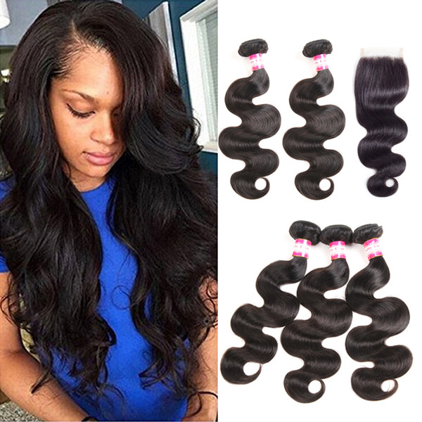 100% Unprocessed Malaysian Virgin Body Wave Hair 3 Bundles With Closure 8A Brazilian Body Wave Human Hair With 4x4 Swiss Lace Closure