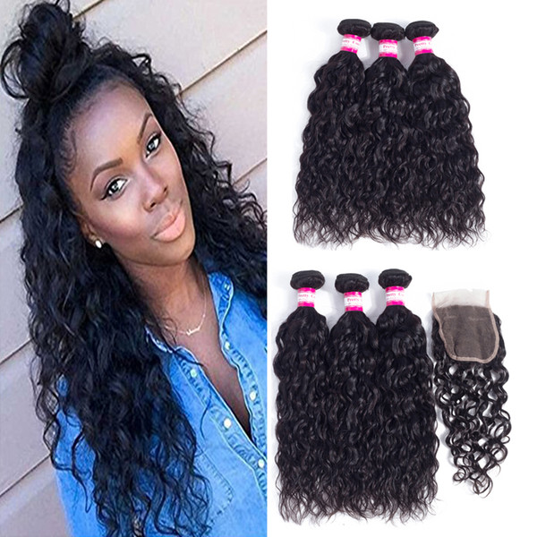 Peruvian Water Wave With Closure Unprocessed Grade 8A Hair Weaves Human Hair Extension 3 Bundles With Free Middle 3 Part Lace Closure