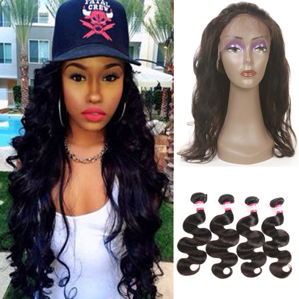 Cambodian Virgin Hair Body Wave with Closure, 360 Full Lace Frontal Closure with Baby Hair with Bundles, 8A Cambodian Human Hair Weaves