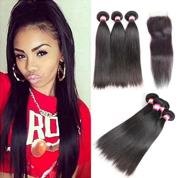 8A Malaysian Straight Hair With Closure 3 Bundles Unprocessed Virgin Human Hair Bundles With Lace Closure Hair Extensions Natural Color Soft