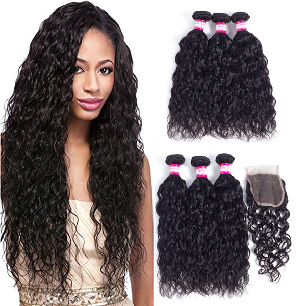 8A Brazilian Water Wave Hair With Closure Brazilian Wet And Wavy Hair With Closure Human Hair 3 Bundles With Lace Closure