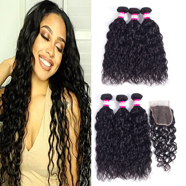 8a Peruvian Virgin Hair Water Wave With Lace Closure Peruvian Hair Weave 3 Bundles with Lace Closure Peruvian Virgin Human Hair