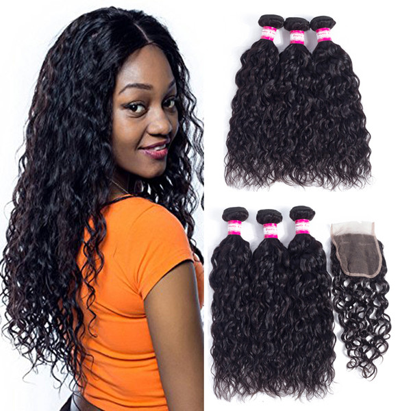 Peruvian Virgin Hair With Closure Wet And Wavy Human Hair Weave 3 Bundles Peruvian Water Wave With Lace Closure