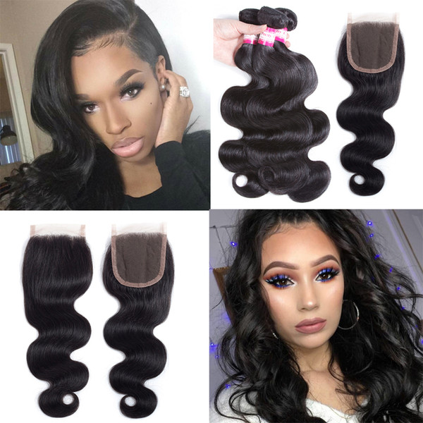 Brazilian Virgin Hair With Closure 3 Bundles Brazilian Body Wave Hair With 4x4 lace closure Unprocessed Remy Human Hair Weave