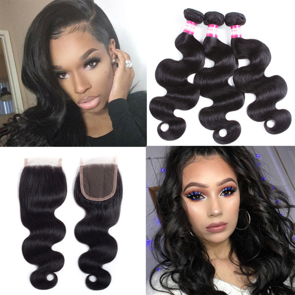 8A Brazilian Hair Bundles With Closure Brazilian Hair Bundles Body Wave with closure 16 18 20 +14 inch Natural Color