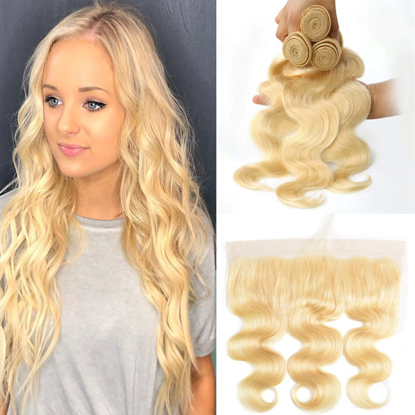 8A Brazilian Blonde Body Hair Bundles with Lace Frontal Closure Colored 613 Platinum Blonde Human Hair Weaves with 13X4 Full Lace Fronta