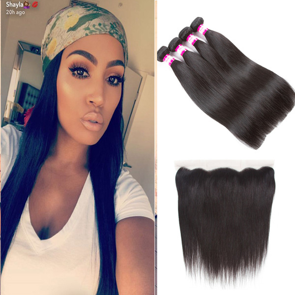 Brazilian straight hair 3 bundles with frontal 13x4 Ear to Ear lace frontal closure human hair frontal natural color