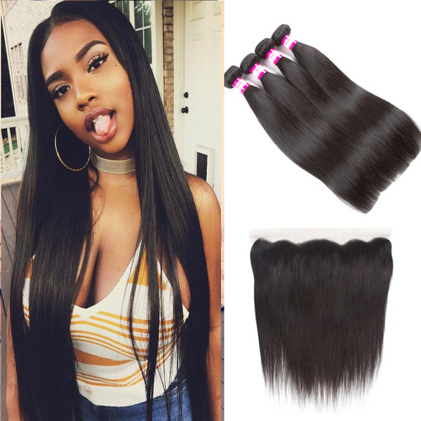 Brazilian lace frotnal closure with 3 bundles straight virgin hair weave 13x4 Ear to Ear Frontal lace closure with baby hair