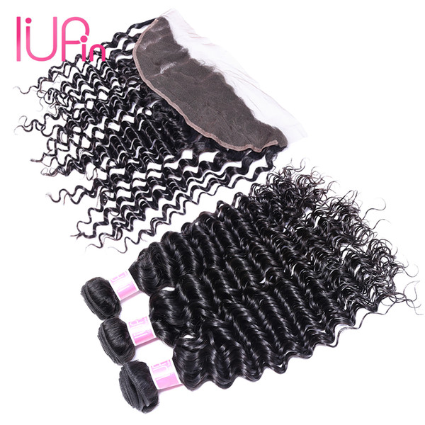 13x4 Lace Frontal With Mongolian Deep Wave Human Hair Bundles 3 Pieces Deep Curly Hair Weaves With Lace Frontal Closure IUPin Hair Products