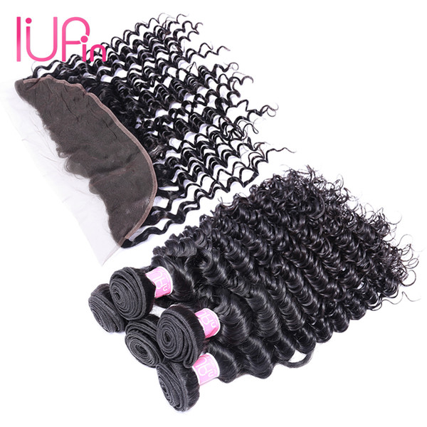 Deep Wave Lace Frontal Closure Bleached Knots Swiss Lace Ear To Ear With 3 Bundles Malaysian Deep Curly Human Hair 4 Pieces Lot