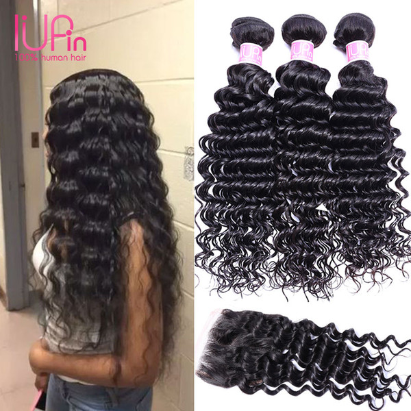 Grade 8A Peruvian Virgin Hair With Closure Deep Wave Hair With Closure Free Part 3 Bundles Peruvian Hair Closure Deep Wave Free