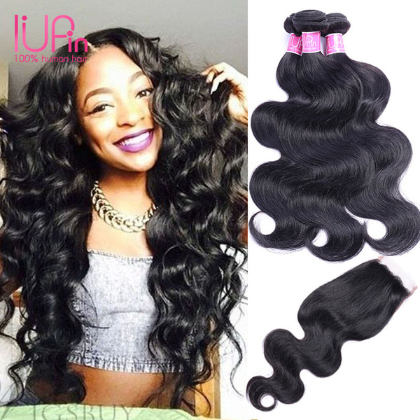 Human Hair Bundles With Closure Body Wave 3 Bundles With Lace Closure 4*4 Brazilian Hair Weave Bundles IUPin