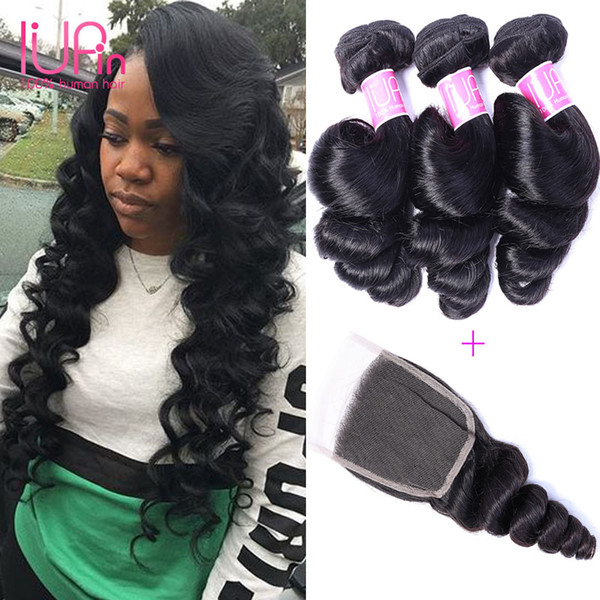 Brazilian Virgin Human Hair Weave Unprocessed Loose Wave Natural Color 4x4 Lace Closure With 3 Bundles IUP Hair Company For Black Women