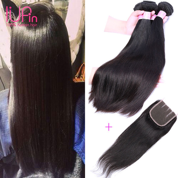 Virgin Straight Hair With Lace Closure 5Pcs/Lot Straight Virgin Hair Lace Closure With Bundles 100% Human Hair Peruvian Straight Closure 4*4