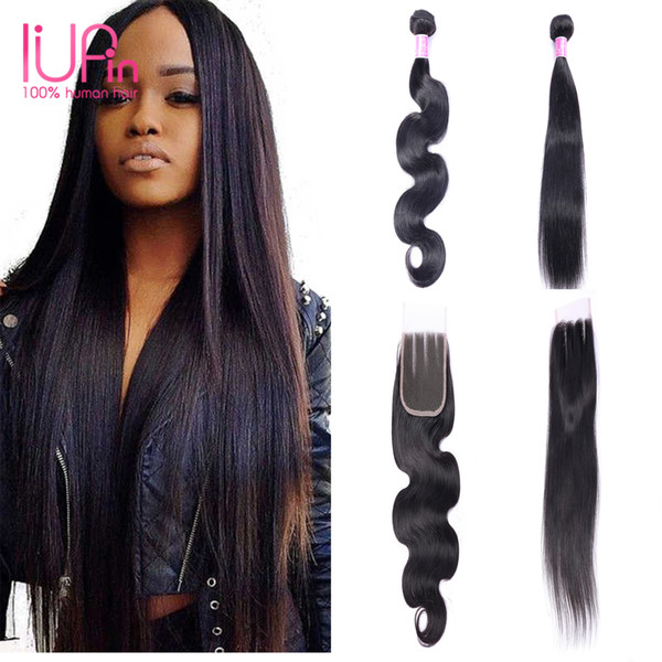 IUPin Hair Indian Straight Human Hair 3 Bundles with Closure Raw Indian Virgin Hair Body Wave 4 Bundles Deals Beauty Supplies On Sale