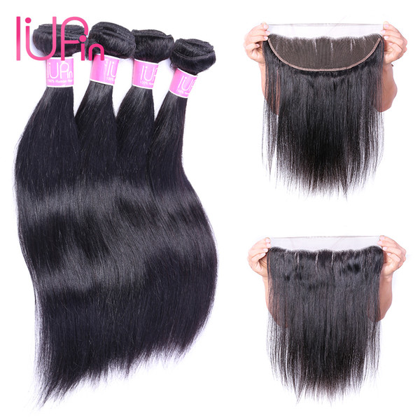 Brazilian Human Hair Wefts Straight Hair 4 Bundles with 13X4 Ear to Ear Lace Frontal Closure Virgin Hair Natural Black Color 