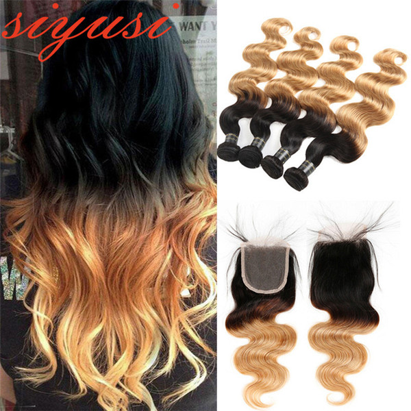 Body Wave Brazilian Hair Weave Bundles with lace closure Ombre 100% Human Hair Bundles with Closure T1B/27 Hair Extensions closure