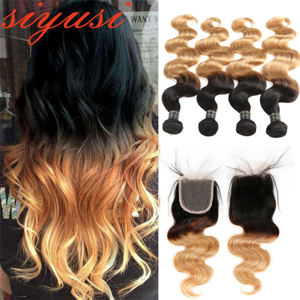 Ombre Brazilian Virgin Hair Body Wave 1b/27 1B/4/27 Honey Blonde ombre Human Hair weave Brazilian 3 Bundles With Closure