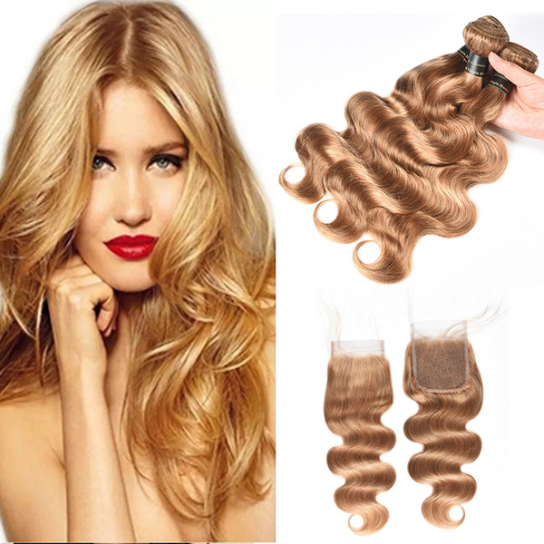 Brazilian Body Wave #27 Honey Blonde Human Hair Weaves 3/4 Bundles With 4x4 Lace Closure Straight Body Wave Hair Wefts With Closure