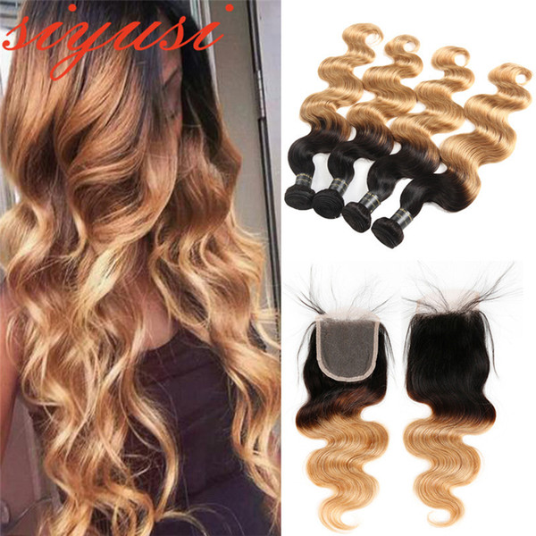 Ombre Body wave With Closure Brazilian Hair Weave Bundles 100% Human Hair Bundles with Closure T1B/27 Hair Extensions With Closure