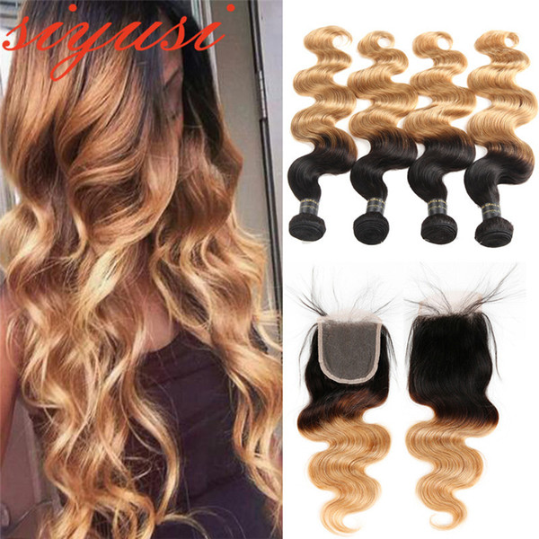 Ombre T1B/27 Brazilian Body Wave 3 Bundles With 4x4 Lace Closure 2 Tone Color Black To Honey Blonde Human Hair Weft With Closure