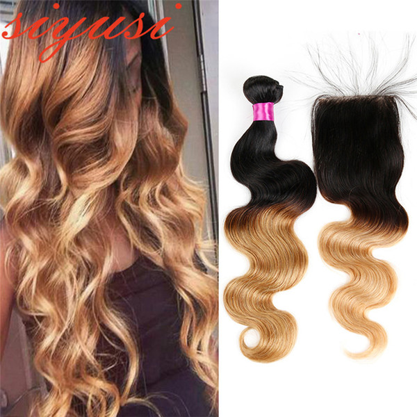 Indian Body Wave With Lace Closure T 1B 27 Honey Blonde Ombre Hair 3/4 Bundles With Closure Pre-Colored Remy Human Hair Weave