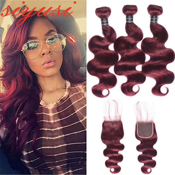 #99J Peruvian Human Hair With Closure 3/4 Bundles Malsyian Indian Virgin Body Wave Hair Extensions With Lace Closure Red Wine Color