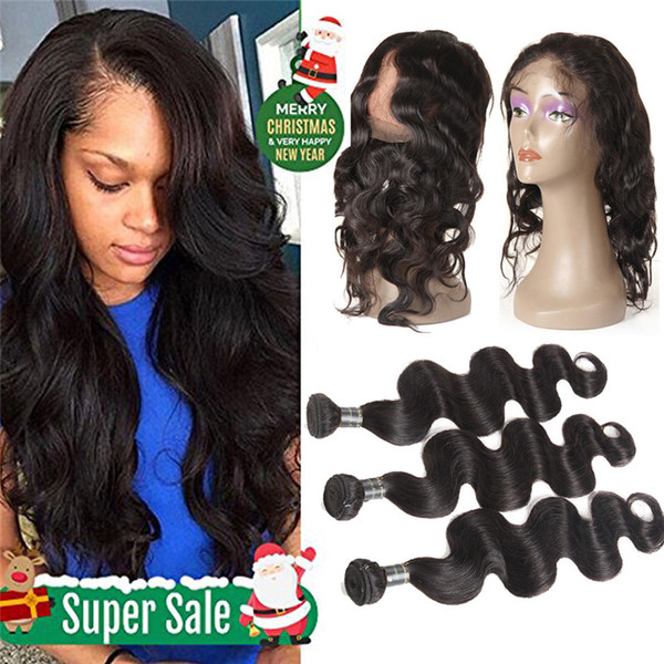 Brazilian Body Wave Hair Bundles With 360 Closure 100% Remy Human Hair Bundles With Frontal Closure 360 Lace Medium Brown closure