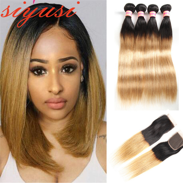 3 Bundles With Closure Peruvian Straight Human Hair T1b/27 With Lace Closure Ombre Human Hair Peruvian Straight Hair Extensions