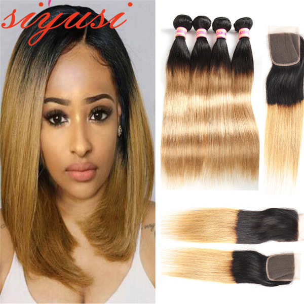 Virgin Brazilian Hair Bundles With Lace Closure Ombre 1B/27 Human Hair Weaves Straight 1B/30 Brazilian Human Hair Bundles With Closure