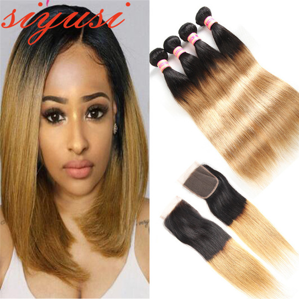 Pre-colored Malaysian Indian Human Hair 3 Bundles With Closure 1b/27 Ombre Straight Human Hair Weaves Bundles With Closure T1B/30