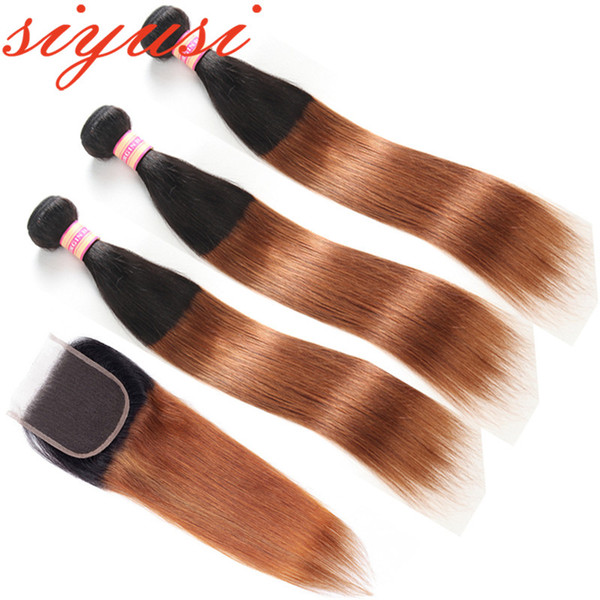 Ombre Human Hair 3 Bundles With Closure 1B/30 1B/27 Straight Brazilian Human Hair With Closure Thick Bundles No Shedding Lace Closure