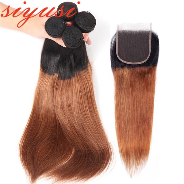 Pre-Colored T1B/27 T1B/30 Ombre Human Hair Straight 3 Bundles With Closure Brazilian Ombre Human Hair Extensions With Closure