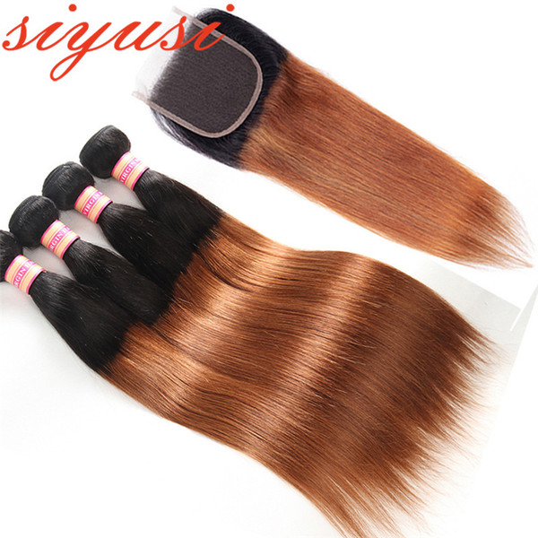 Siyusi Pre-Colored Ombre Brazilian Straight Hair With Closure #1b/27 4*4 Ombre Brazilian Human Hair Weave With Lace Closure