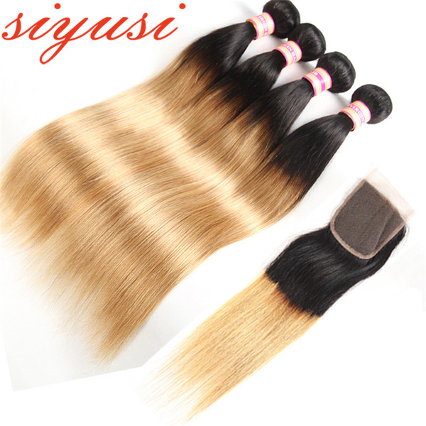 Ombre Human Hair Bundles With Closure 1B/27 Blonde Ombre 1B/30 Peruvian Hair Weave Ombre Straight Human Hair 3 Bundles With Closure