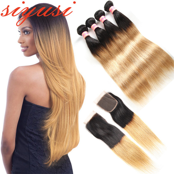 Brazilian Hair 3 Bundles With Closure 1B/27 1B/30 Honey Blonde Bundles With Lace Closure Ombre Straight Remy Human Hair With Closure