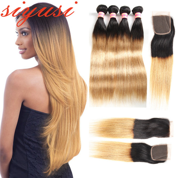 Brazilian Human Hair With Closure 1B/27 And 1b/30 Ombre Brazilian Hair Weave Bundles Straight 3 Bundles With Lace Closure 8